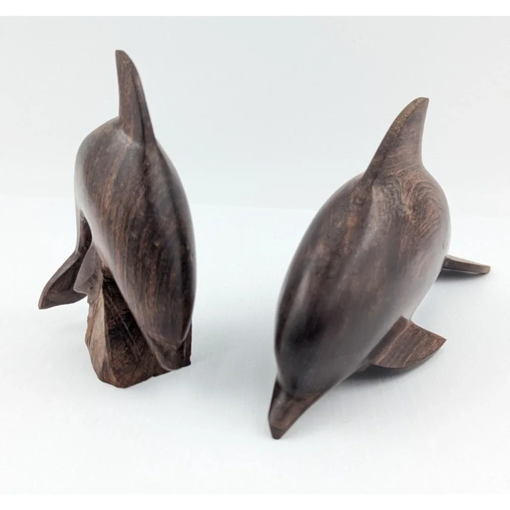 Set 2 Vintage Hand Carved Ironwood Dolphin Sculptures Figures Dolphins 9" and 5" - Picture 2 of 12